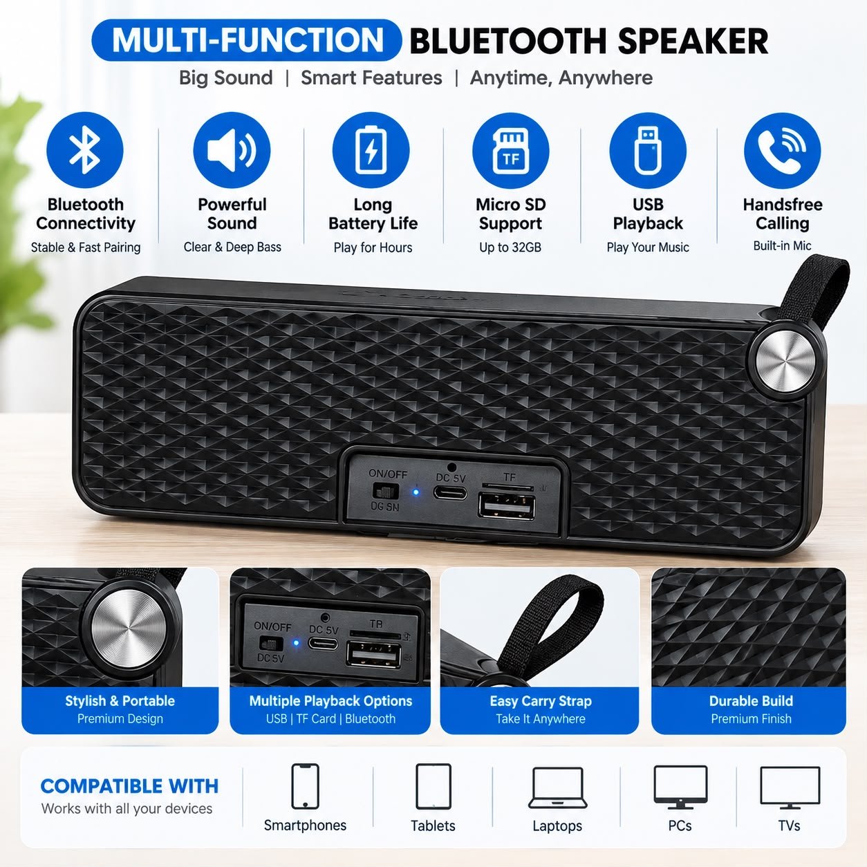 Portable Bluetooth Speaker | Wireless Music Speaker with USB & TF Card Support, Hands-Free Calling & Long Battery Life